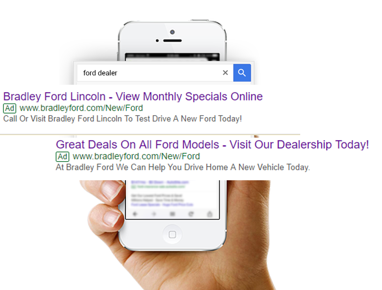 Person holding a mobile phone with mobile search ads expanded.