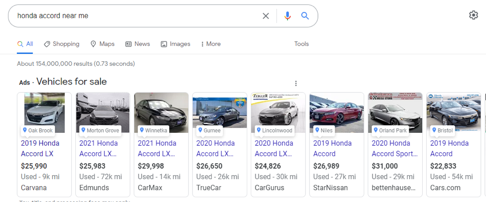 Honda Vehicle Ads Example from Google Search