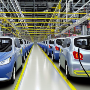 AI generation of EVs lined up in the manufacturing plant.