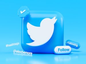 3D render of the Twitter logo against a blue background.