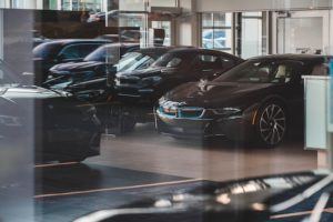 Cars in a BMW showroom.